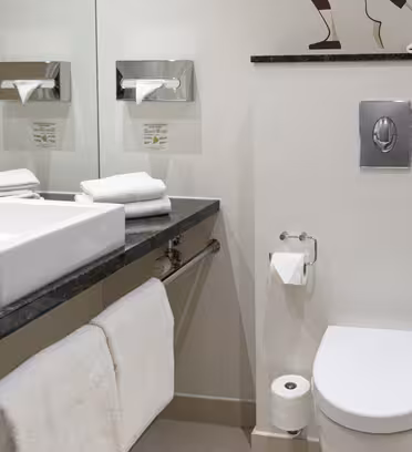 Modernt badrum med ett fyrkantigt vitt handfat ovanpå en mörk bänkskiva, med en monterad kran. Handdukar hänger under diskbänken. En toalett med en närliggande pappersrulle sitter bredvid och reflektioner kan ses i spegelväggen.